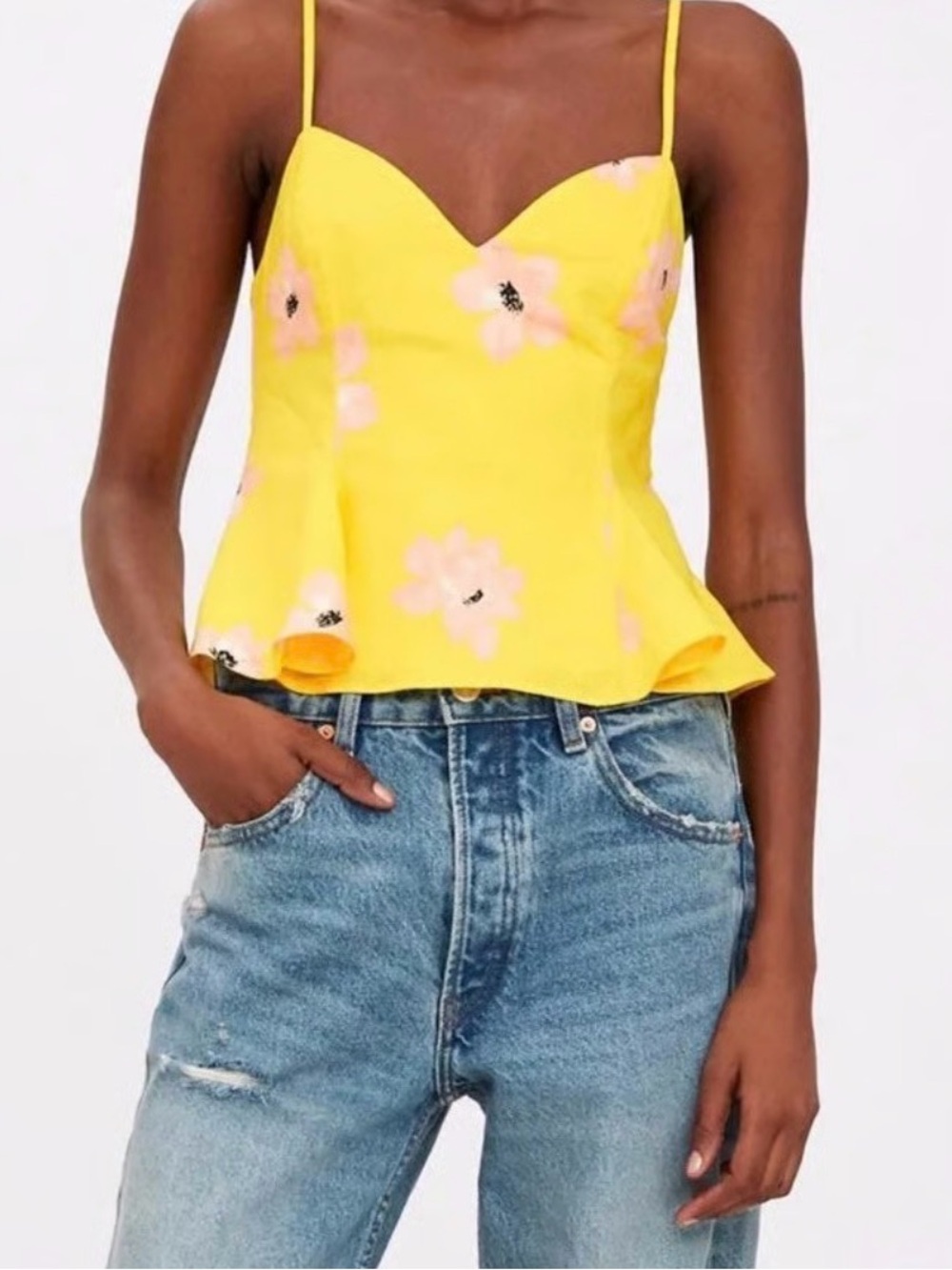Zara bright yellow floral tank 100% cotton adjustable straps size small